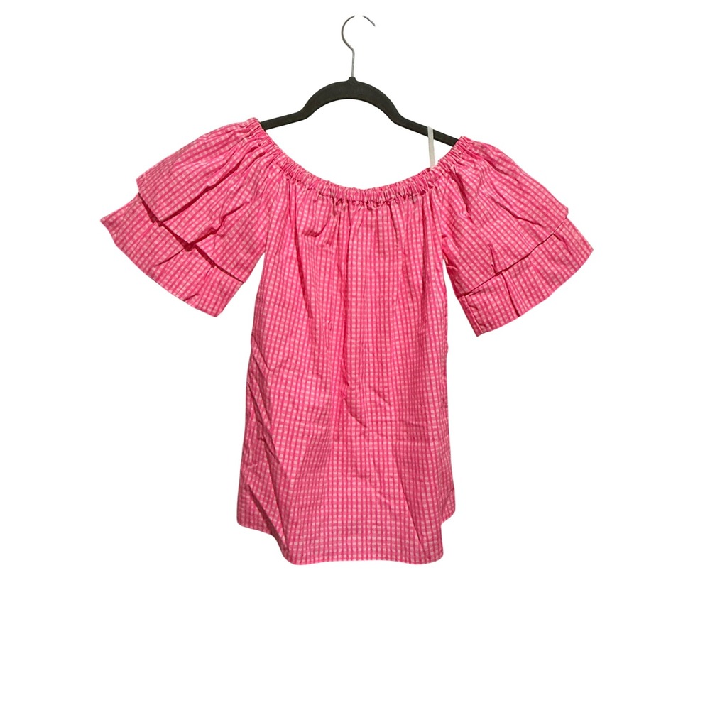 Lilly Pulitzer Frankee Neon Pink Gingham Off The Shoulder Ruffle Sleeve‎ Top XXS
